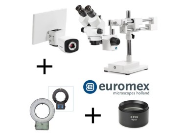 PACK TRINOCULAIRE + PIED DOUBLE + ECLAIRAGE LED + 0.75X + CAMERA + ECRAN EUROMEX