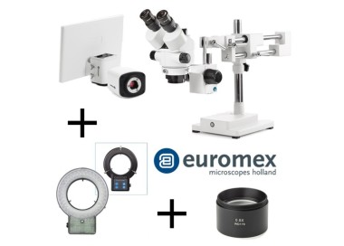 PACK -TRINOCULAIRE + PIED DOUBLE + ECLAIRAGE LED + 0.5X + CAMERA + ECRAN EUROMEX